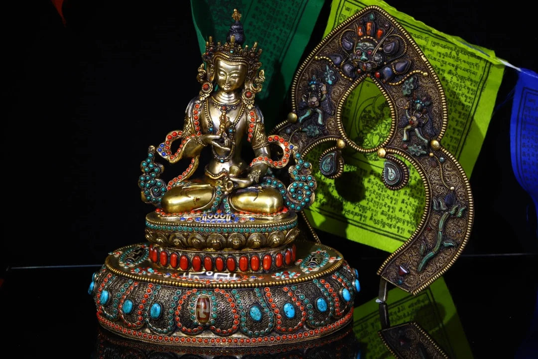 13"Tibet Temple Collection Old Tibetan silver Mosaic Gem gZi Beads Vajrasattva Lotus Platform Buddhist altar worship hall