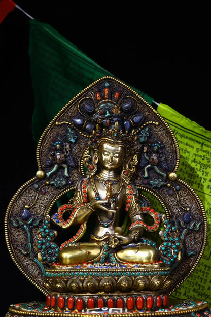 13"Tibet Temple Collection Old Tibetan silver Mosaic Gem gZi Beads Vajrasattva Lotus Platform Buddhist altar worship hall