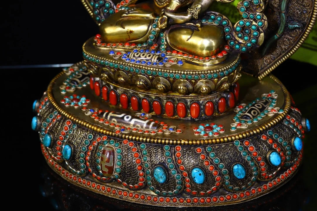 13"Tibet Temple Collection Old Tibetan silver Mosaic Gem gZi Beads Vajrasattva Lotus Platform Buddhist altar worship hall