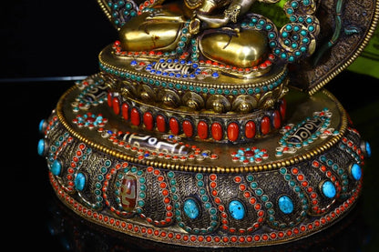 13"Tibet Temple Collection Old Tibetan silver Mosaic Gem gZi Beads Vajrasattva Lotus Platform Buddhist altar worship hall