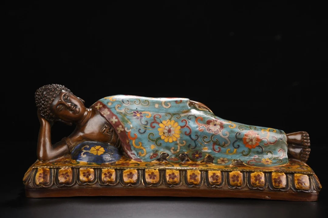 13"Tibetan Temple Collection Bronze Cloisonne Enamel Shakyamuni Sleeping Buddha Lotus Platform Worship Hall Town house Exorcism