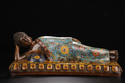 13"Tibetan Temple Collection Bronze Cloisonne Enamel Shakyamuni Sleeping Buddha Lotus Platform Worship Hall Town house Exorcism