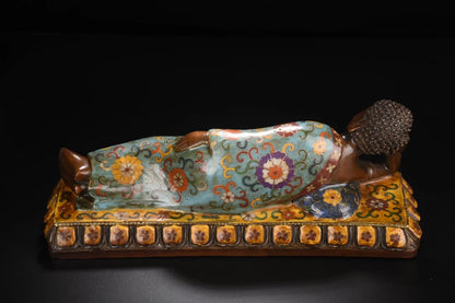 13"Tibetan Temple Collection Bronze Cloisonne Enamel Shakyamuni Sleeping Buddha Lotus Platform Worship Hall Town house Exorcism