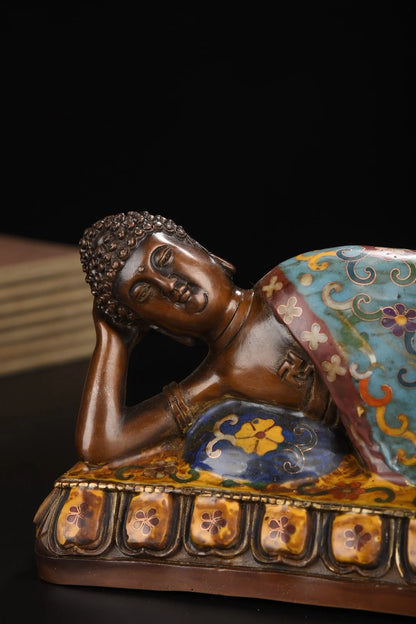 13"Tibetan Temple Collection Bronze Cloisonne Enamel Shakyamuni Sleeping Buddha Lotus Platform Worship Hall Town house Exorcism