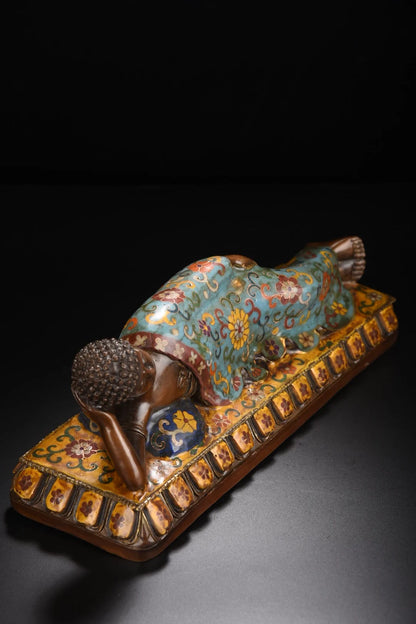 13"Tibetan Temple Collection Bronze Cloisonne Enamel Shakyamuni Sleeping Buddha Lotus Platform Worship Hall Town house Exorcism