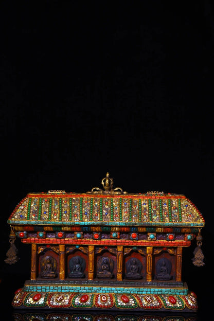 13"Tibetan Temple Collection Old Bodhi Root Painted Mosaic Gem Shell gZi Beads Five Buddha statues  Buddhist Niche Worship Hall