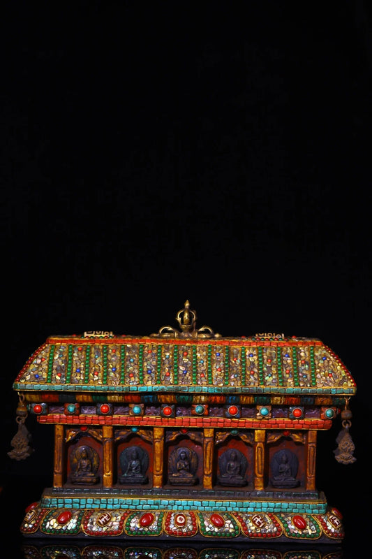13"Tibetan Temple Collection Old Bodhi Root Painted Mosaic Gem Shell gZi Beads Five Buddha statues  Buddhist Niche Worship Hall