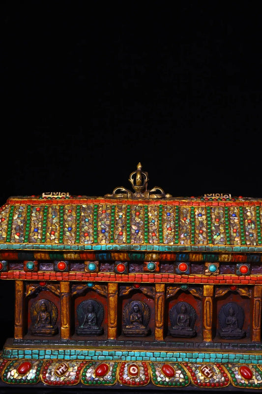 13"Tibetan Temple Collection Old Bodhi Root Painted Mosaic Gem Shell gZi Beads Five Buddha statues  Buddhist Niche Worship Hall