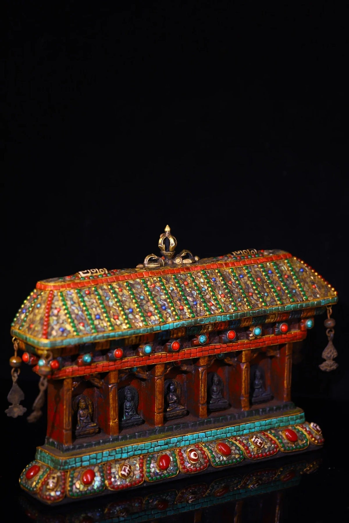 13"Tibetan Temple Collection Old Bodhi Root Painted Mosaic Gem Shell gZi Beads Five Buddha statues  Buddhist Niche Worship Hall
