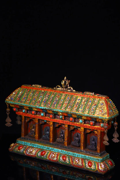 13"Tibetan Temple Collection Old Bodhi Root Painted Mosaic Gem Shell gZi Beads Five Buddha statues  Buddhist Niche Worship Hall