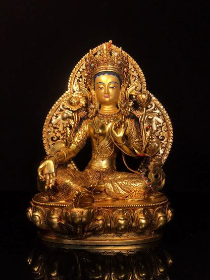 13"Tibetan Temple Collection Old Bronze Cinnabar Gilded Face Painting Mosaic Gem Backlight Green Tara Buddha Worship Hall