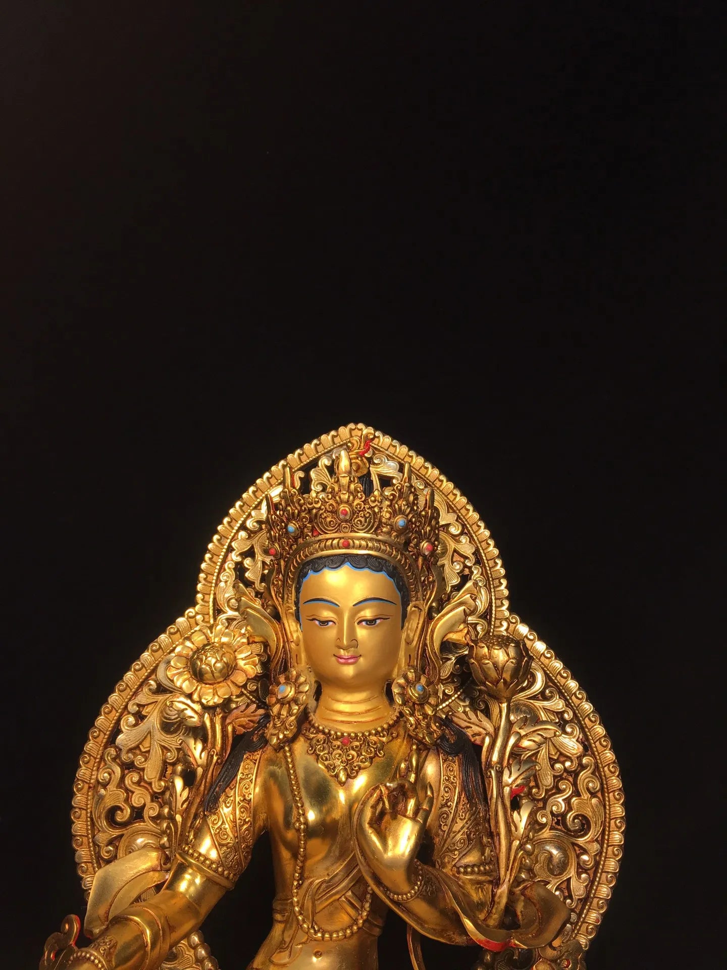 13"Tibetan Temple Collection Old Bronze Cinnabar Gilded Face Painting Mosaic Gem Backlight Green Tara Buddha Worship Hall