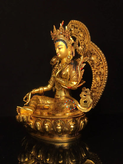 13"Tibetan Temple Collection Old Bronze Cinnabar Gilded Face Painting Mosaic Gem Backlight Green Tara Buddha Worship Hall