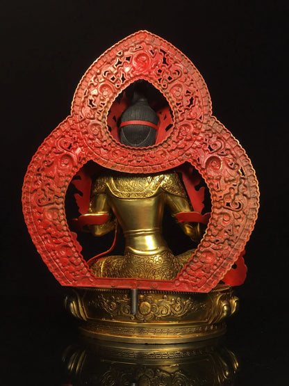 13"Tibetan Temple Collection Old Bronze Cinnabar Gilded Face Painting Mosaic Gem Backlight Green Tara Buddha Worship Hall