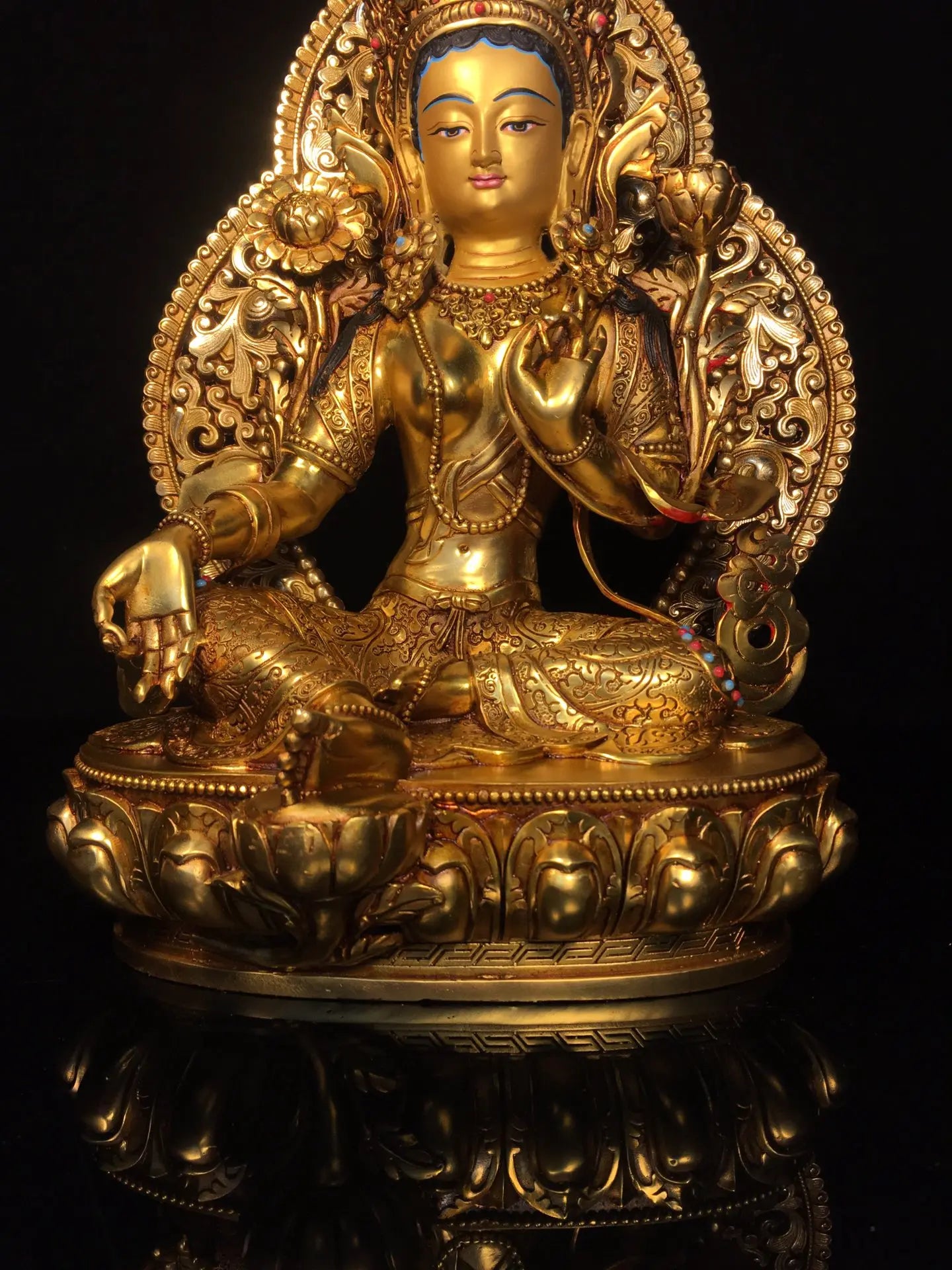 13"Tibetan Temple Collection Old Bronze Cinnabar Gilded Face Painting Mosaic Gem Backlight Green Tara Buddha Worship Hall