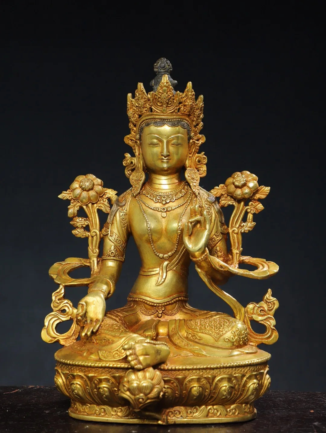 13"Tibetan Temple Collection Old Bronze Cinnabar Gilded Green Tara Lotus Terrace Sitting Buddha Worship Hall Town house