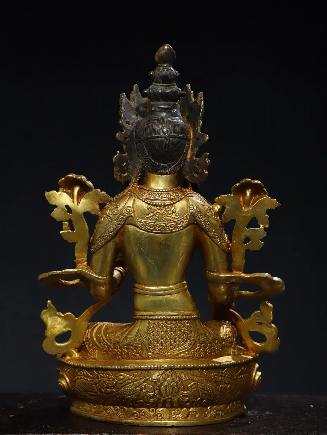 13"Tibetan Temple Collection Old Bronze Cinnabar Gilded Green Tara Lotus Terrace Sitting Buddha Worship Hall Town house