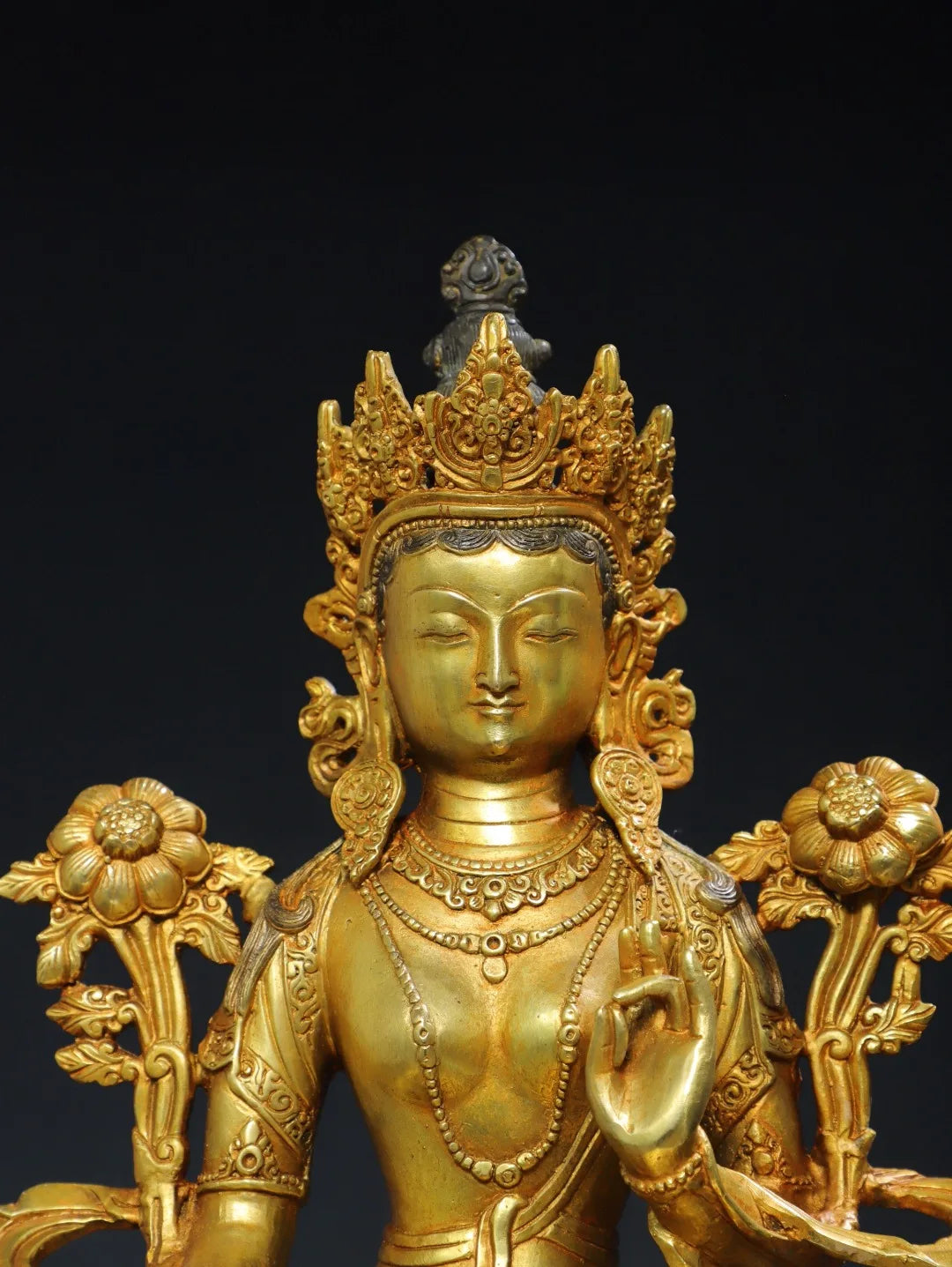 13"Tibetan Temple Collection Old Bronze Cinnabar Gilded Green Tara Lotus Terrace Sitting Buddha Worship Hall Town house