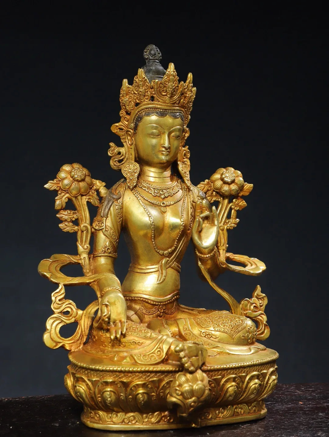 13"Tibetan Temple Collection Old Bronze Cinnabar Gilded Green Tara Lotus Terrace Sitting Buddha Worship Hall Town house