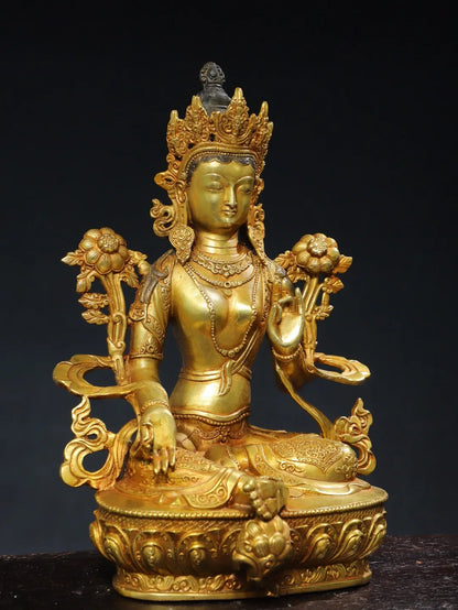 13"Tibetan Temple Collection Old Bronze Cinnabar Gilded Green Tara Lotus Terrace Sitting Buddha Worship Hall Town house