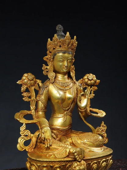 13"Tibetan Temple Collection Old Bronze Cinnabar Gilded Green Tara Lotus Terrace Sitting Buddha Worship Hall Town house
