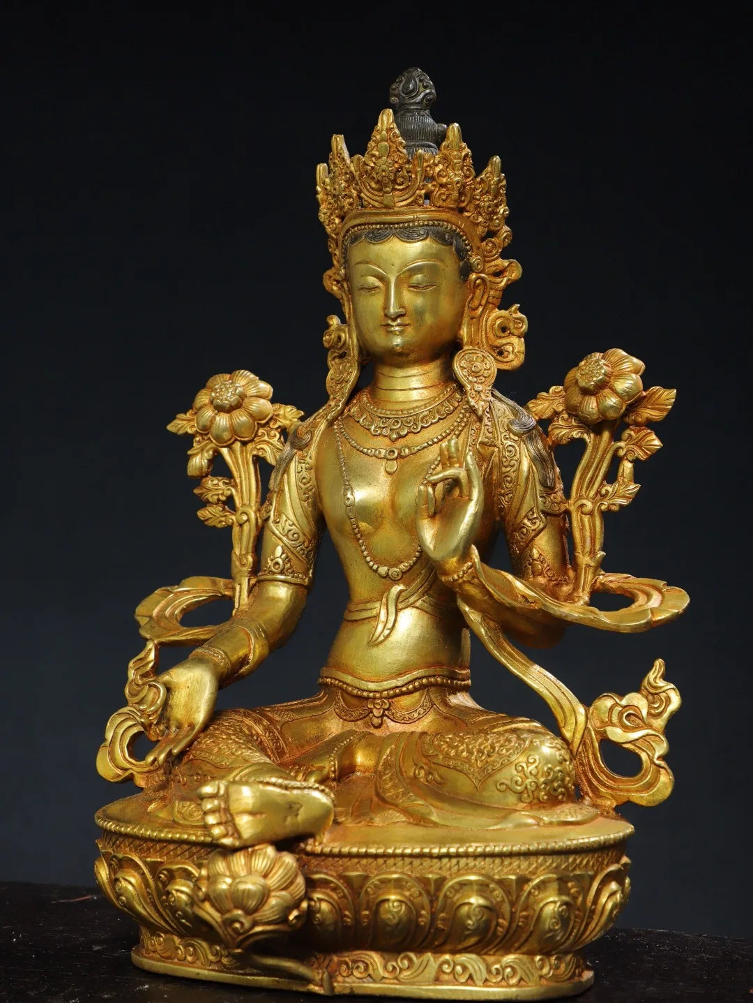 13"Tibetan Temple Collection Old Bronze Cinnabar Gilded Green Tara Lotus Terrace Sitting Buddha Worship Hall Town house