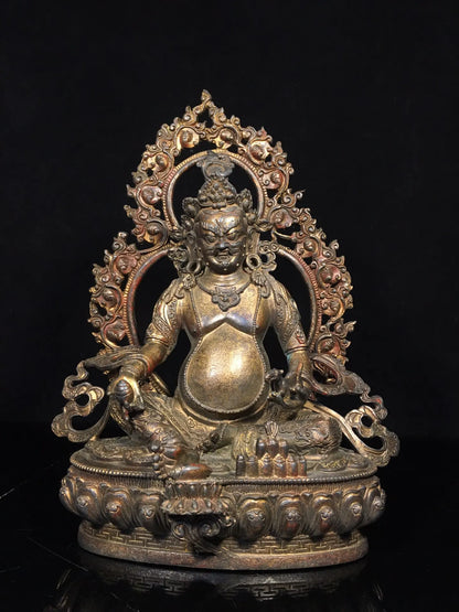 13"Tibetan Temple Collection Old Bronze Cinnabar Gilt Yellow Jambhala Buddha Backlight Tibetan God of Wealth Worship Hall