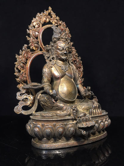 13"Tibetan Temple Collection Old Bronze Cinnabar Gilt Yellow Jambhala Buddha Backlight Tibetan God of Wealth Worship Hall