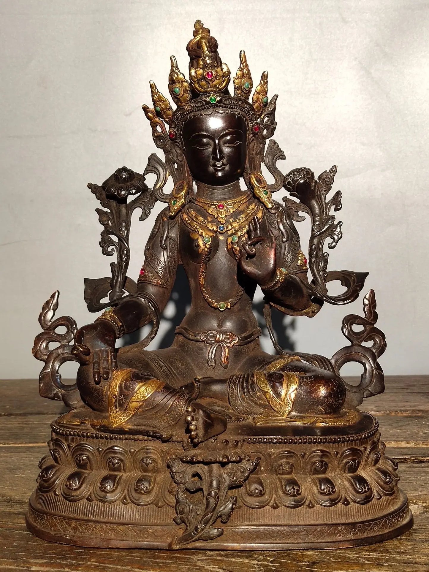 13"Tibetan Temple Collection Old Bronze Cinnabar Mosaic Gem Green Tara Tibetan Buddha lotus platform Sitting Buddha Worship Hall