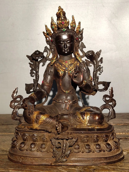 13"Tibetan Temple Collection Old Bronze Cinnabar Mosaic Gem Green Tara Tibetan Buddha lotus platform Sitting Buddha Worship Hall