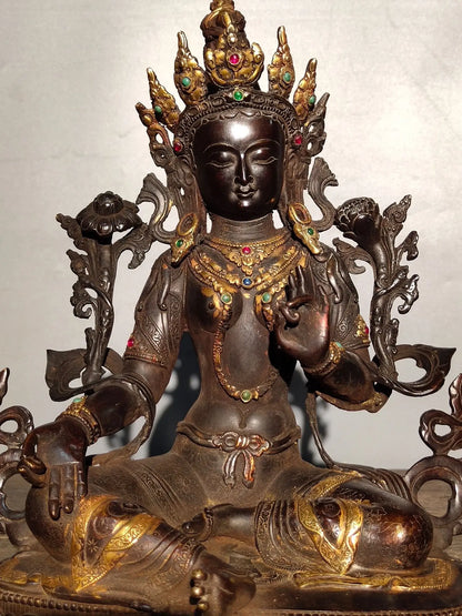 13"Tibetan Temple Collection Old Bronze Cinnabar Mosaic Gem Green Tara Tibetan Buddha lotus platform Sitting Buddha Worship Hall