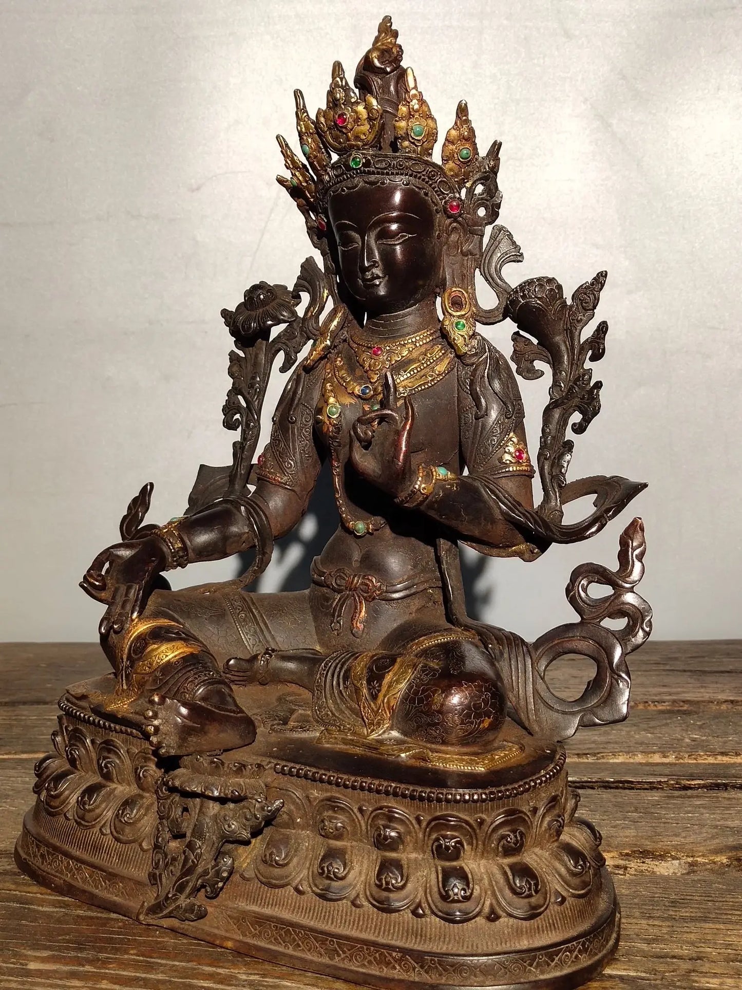 13"Tibetan Temple Collection Old Bronze Cinnabar Mosaic Gem Green Tara Tibetan Buddha lotus platform Sitting Buddha Worship Hall