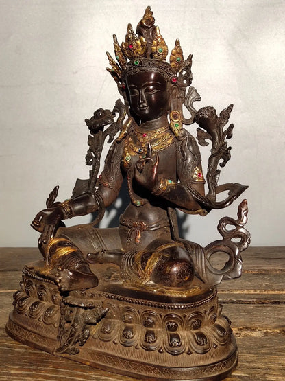 13"Tibetan Temple Collection Old Bronze Cinnabar Mosaic Gem Green Tara Tibetan Buddha lotus platform Sitting Buddha Worship Hall