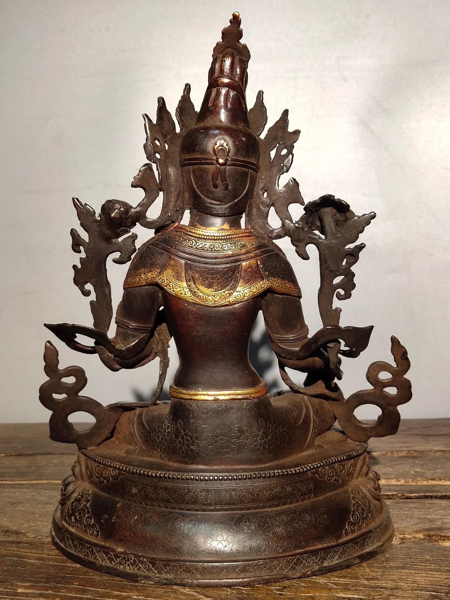13"Tibetan Temple Collection Old Bronze Cinnabar Mosaic Gem Green Tara Tibetan Buddha lotus platform Sitting Buddha Worship Hall