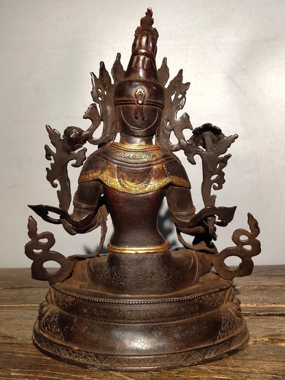 13"Tibetan Temple Collection Old Bronze Cinnabar Mosaic Gem Green Tara Tibetan Buddha lotus platform Sitting Buddha Worship Hall