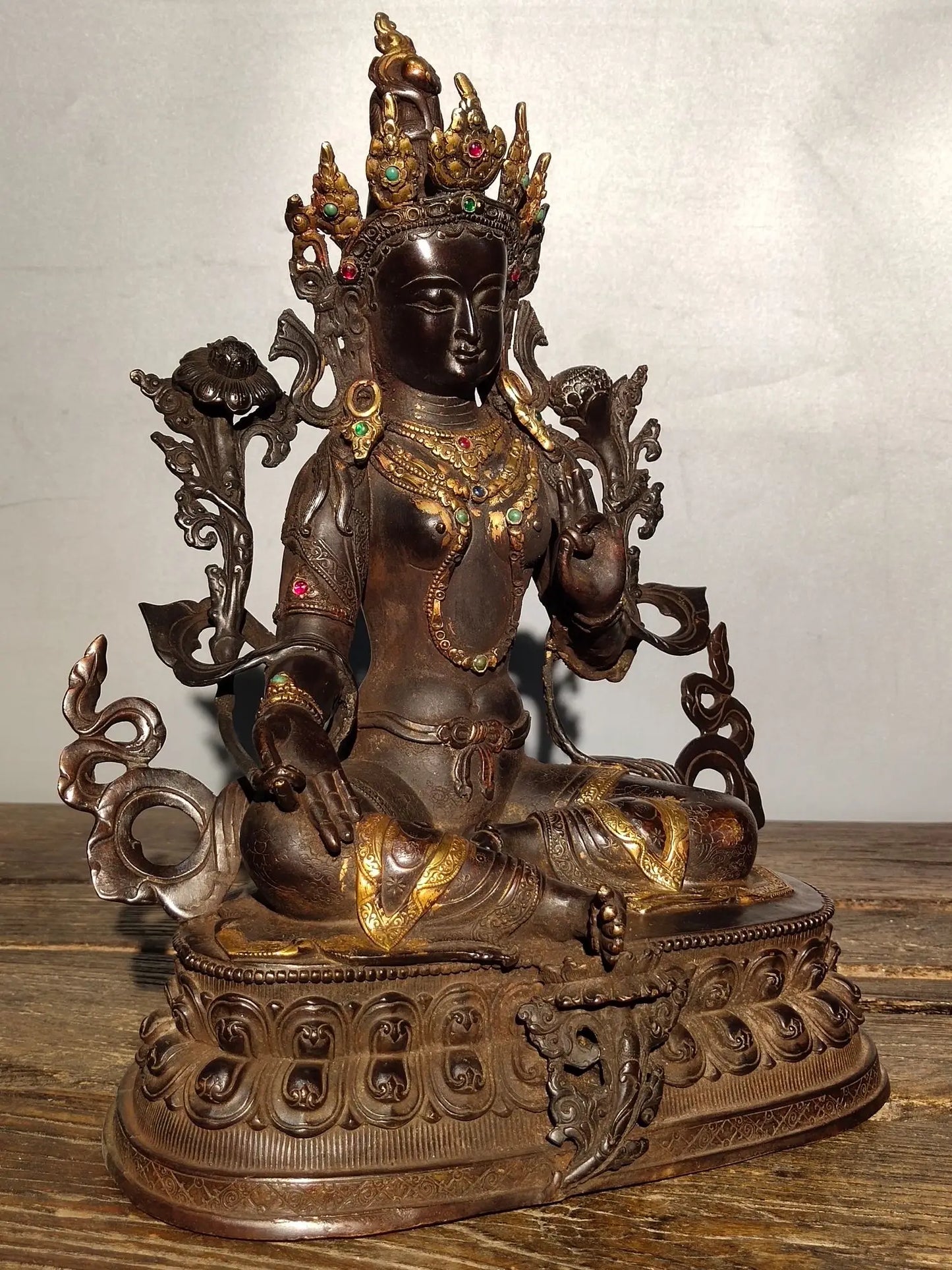 13"Tibetan Temple Collection Old Bronze Cinnabar Mosaic Gem Green Tara Tibetan Buddha lotus platform Sitting Buddha Worship Hall