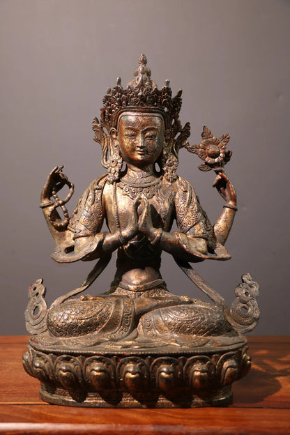 13"Tibetan Temple Collection Old Bronze Cinnabar Mud gold Four-armed Guanyin lotus platform Worship Hall Town house Exorcism