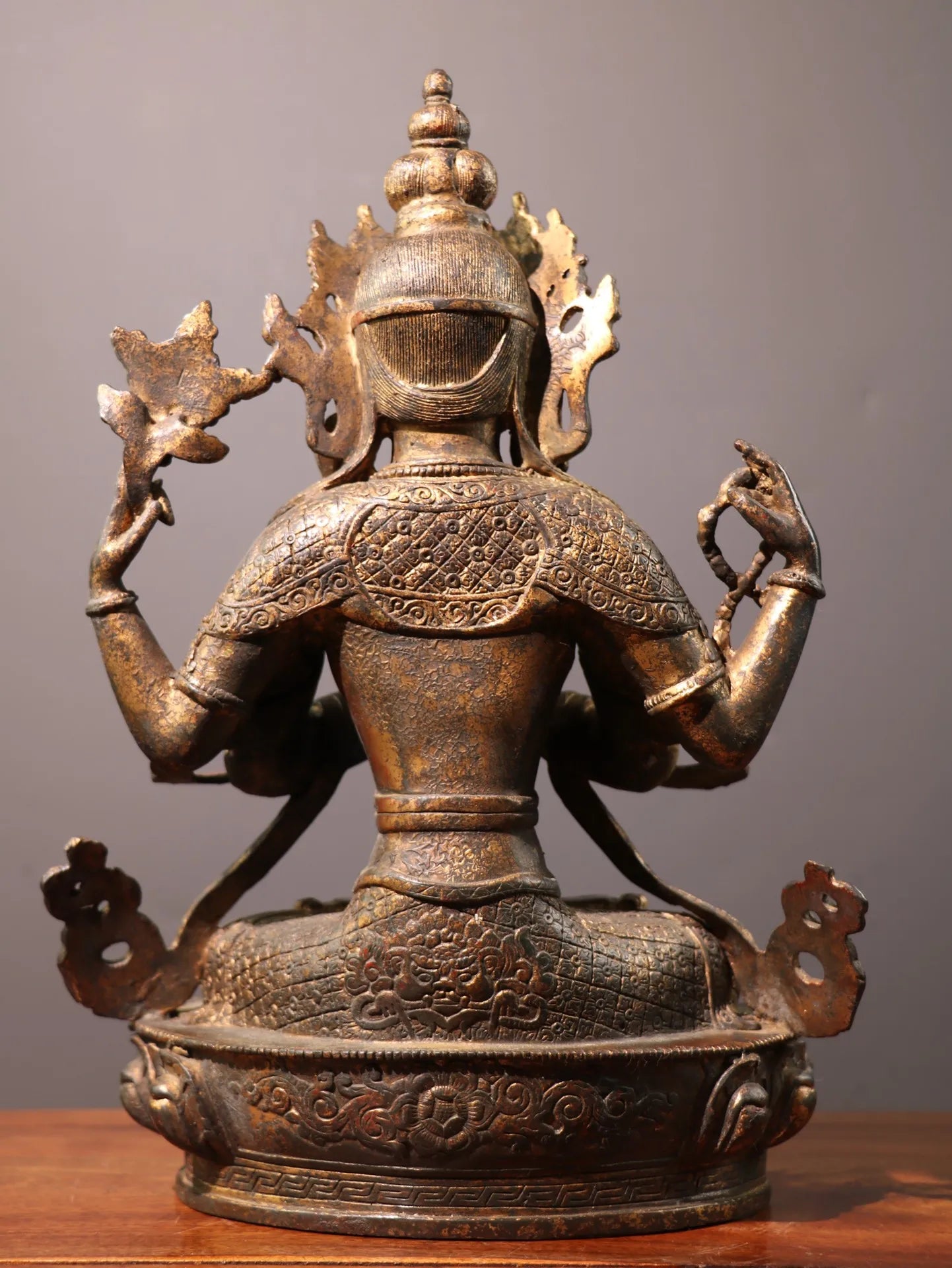 13"Tibetan Temple Collection Old Bronze Cinnabar Mud gold Four-armed Guanyin lotus platform Worship Hall Town house Exorcism