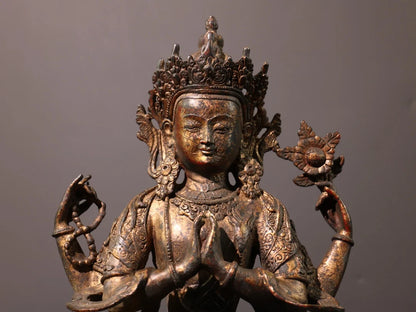 13"Tibetan Temple Collection Old Bronze Cinnabar Mud gold Four-armed Guanyin lotus platform Worship Hall Town house Exorcism