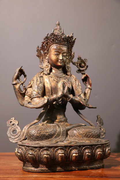 13"Tibetan Temple Collection Old Bronze Cinnabar Mud gold Four-armed Guanyin lotus platform Worship Hall Town house Exorcism