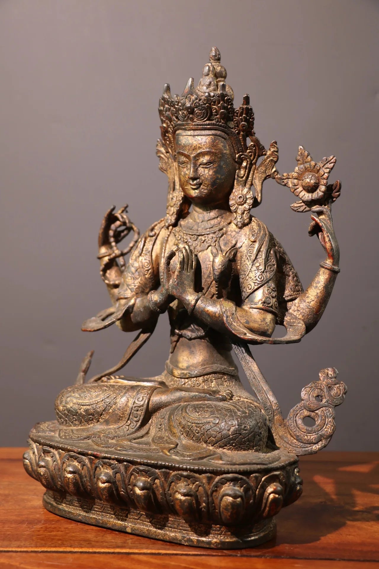 13"Tibetan Temple Collection Old Bronze Cinnabar Mud gold Four-armed Guanyin lotus platform Worship Hall Town house Exorcism