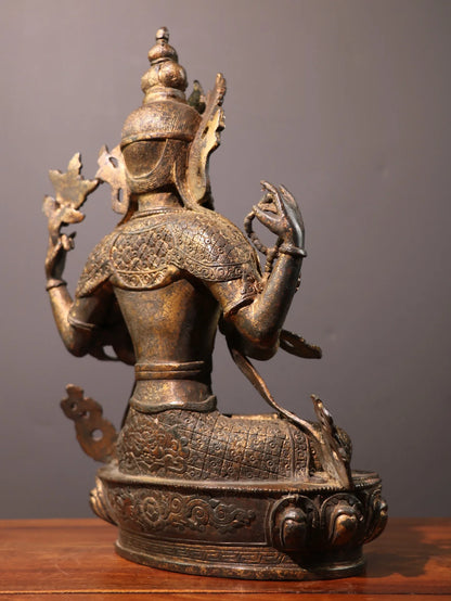 13"Tibetan Temple Collection Old Bronze Cinnabar Mud gold Four-armed Guanyin lotus platform Worship Hall Town house Exorcism