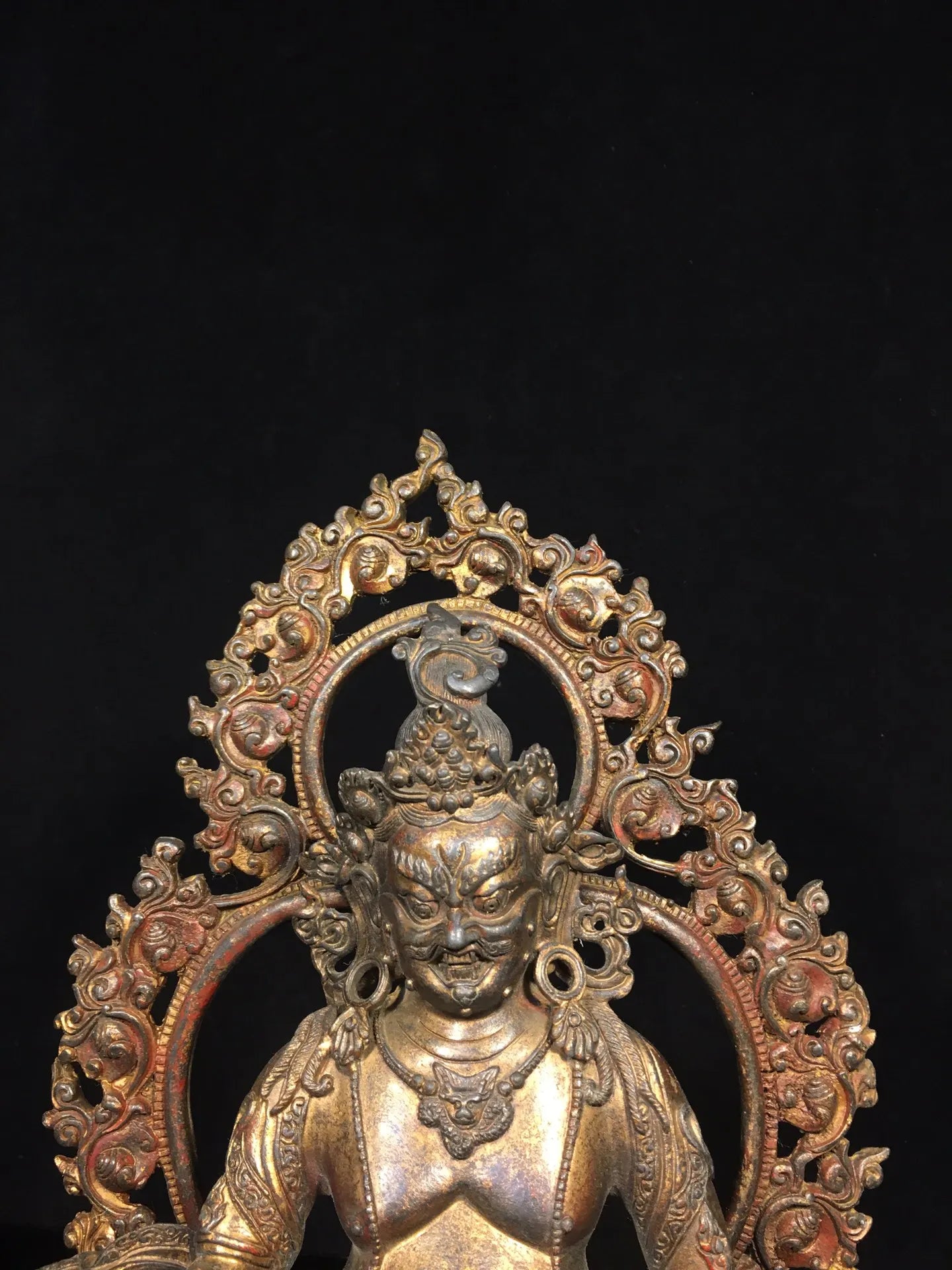 13"Tibetan Temple Collection Old Bronze Cinnabar Mud gold Yellow Jambhala Buddha Backlight Lotus Platform Worship Hall