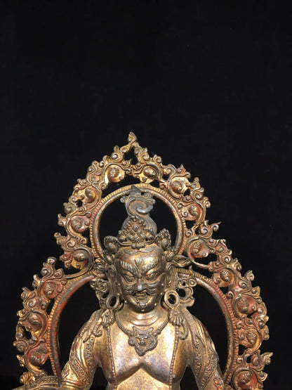 13"Tibetan Temple Collection Old Bronze Cinnabar Mud gold Yellow Jambhala Buddha Backlight Lotus Platform Worship Hall