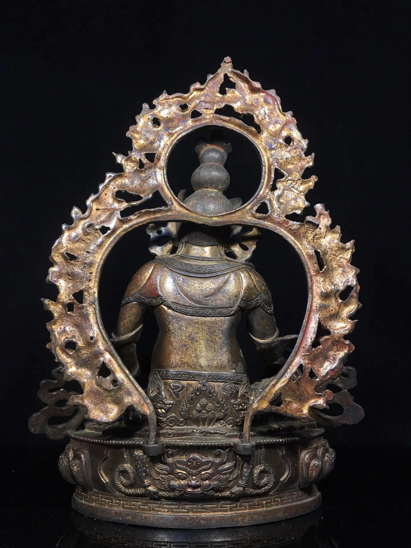13"Tibetan Temple Collection Old Bronze Cinnabar Mud gold Yellow Jambhala Buddha Backlight Lotus Platform Worship Hall