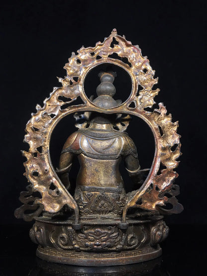 13"Tibetan Temple Collection Old Bronze Cinnabar Mud gold Yellow Jambhala Buddha Backlight Lotus Platform Worship Hall