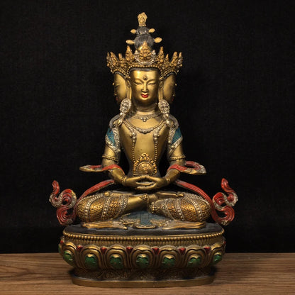 13"Tibetan Temple Collection Old Bronze Cinnabar Painting Four Head Longevity Buddha Sitting Buddha Worship Hall Town House
