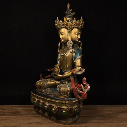 13"Tibetan Temple Collection Old Bronze Cinnabar Painting Four Head Longevity Buddha Sitting Buddha Worship Hall Town House