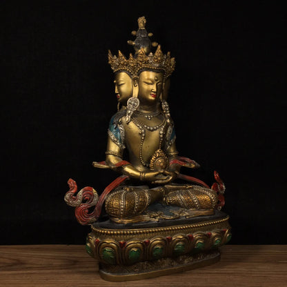 13"Tibetan Temple Collection Old Bronze Cinnabar Painting Four Head Longevity Buddha Sitting Buddha Worship Hall Town House