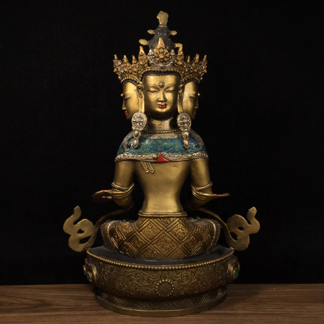 13"Tibetan Temple Collection Old Bronze Cinnabar Painting Four Head Longevity Buddha Sitting Buddha Worship Hall Town House
